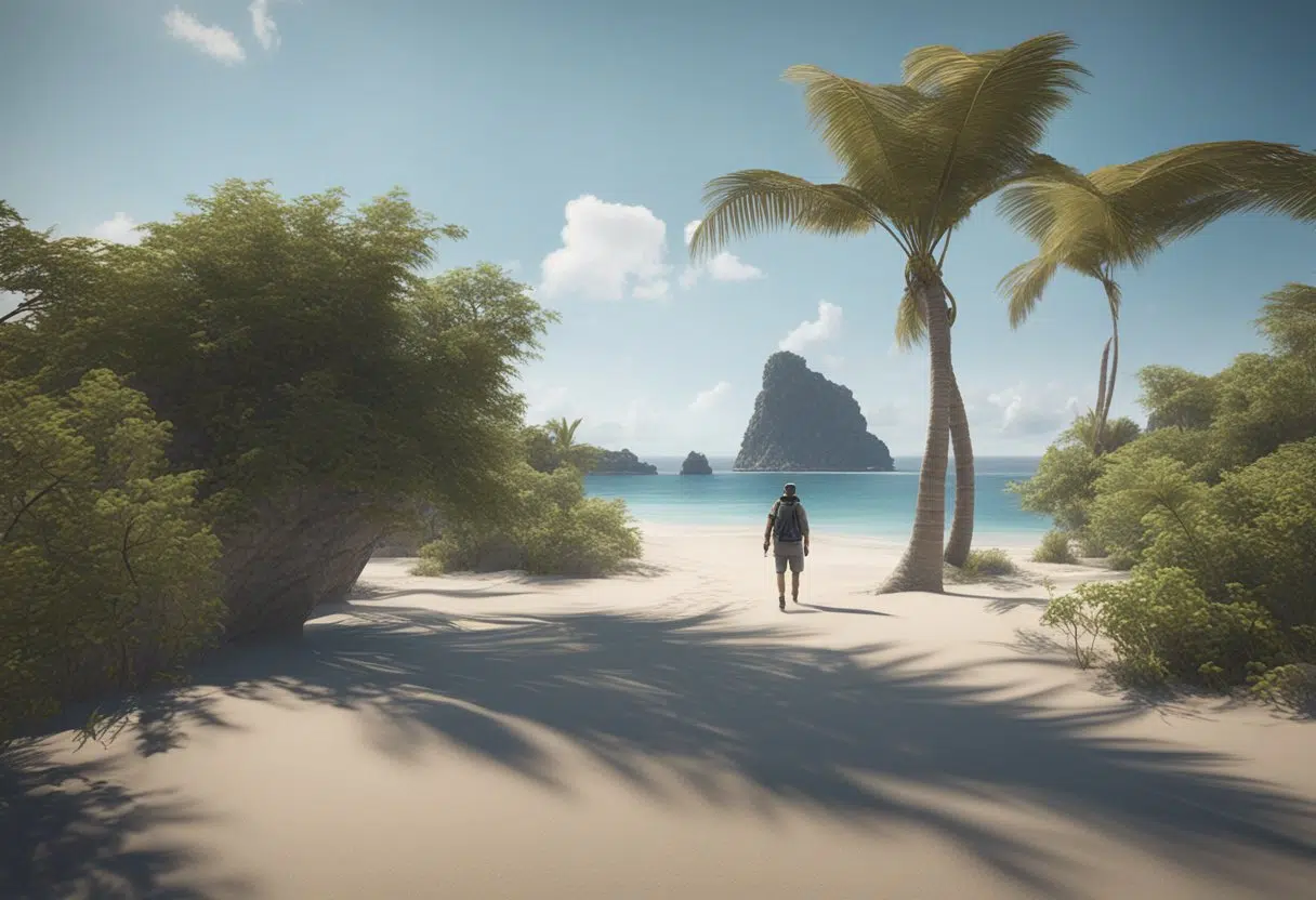 A person stranded on a deserted island, desperately searching for food and water to survive